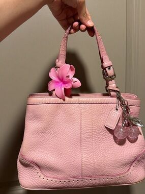 Coach Pink Pebbled Leather Shoulder Bag with Floral & Charm Accents